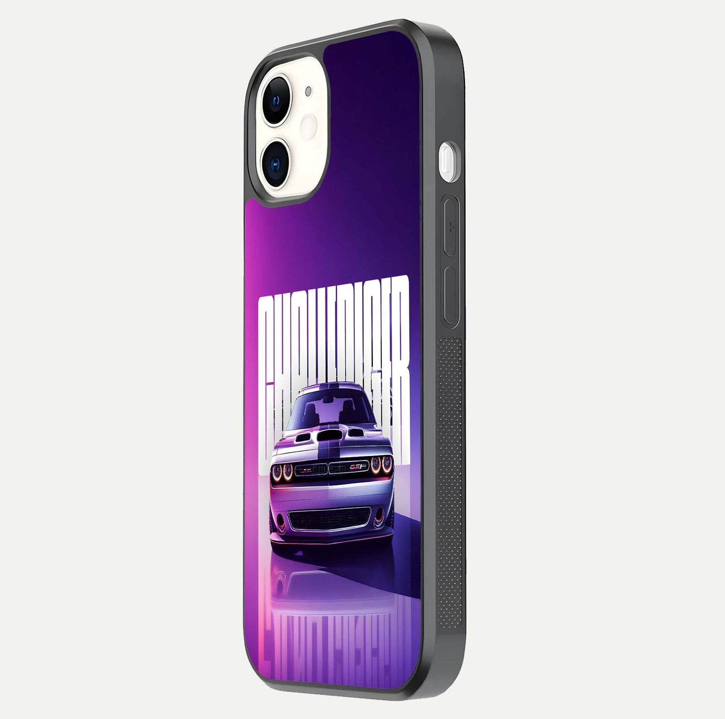 Midnight Muscle Ride Glass Case for iPhone 12 Mini side-angle image showing reflection clarity and bold design