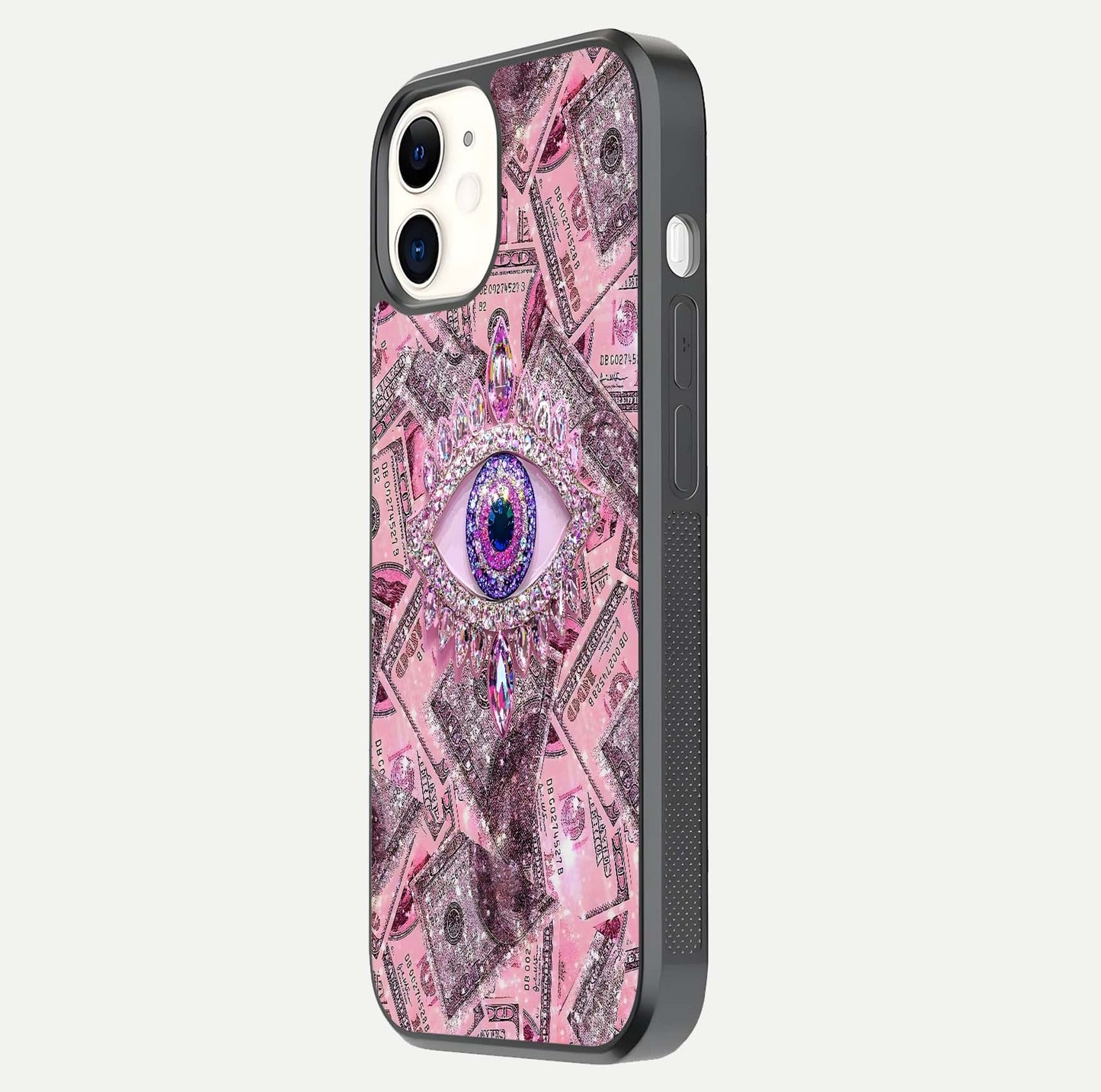Money Eye Luxe Glass Case for iPhone 12 Mini side-angle image showing HD reflection and luxury print clarity