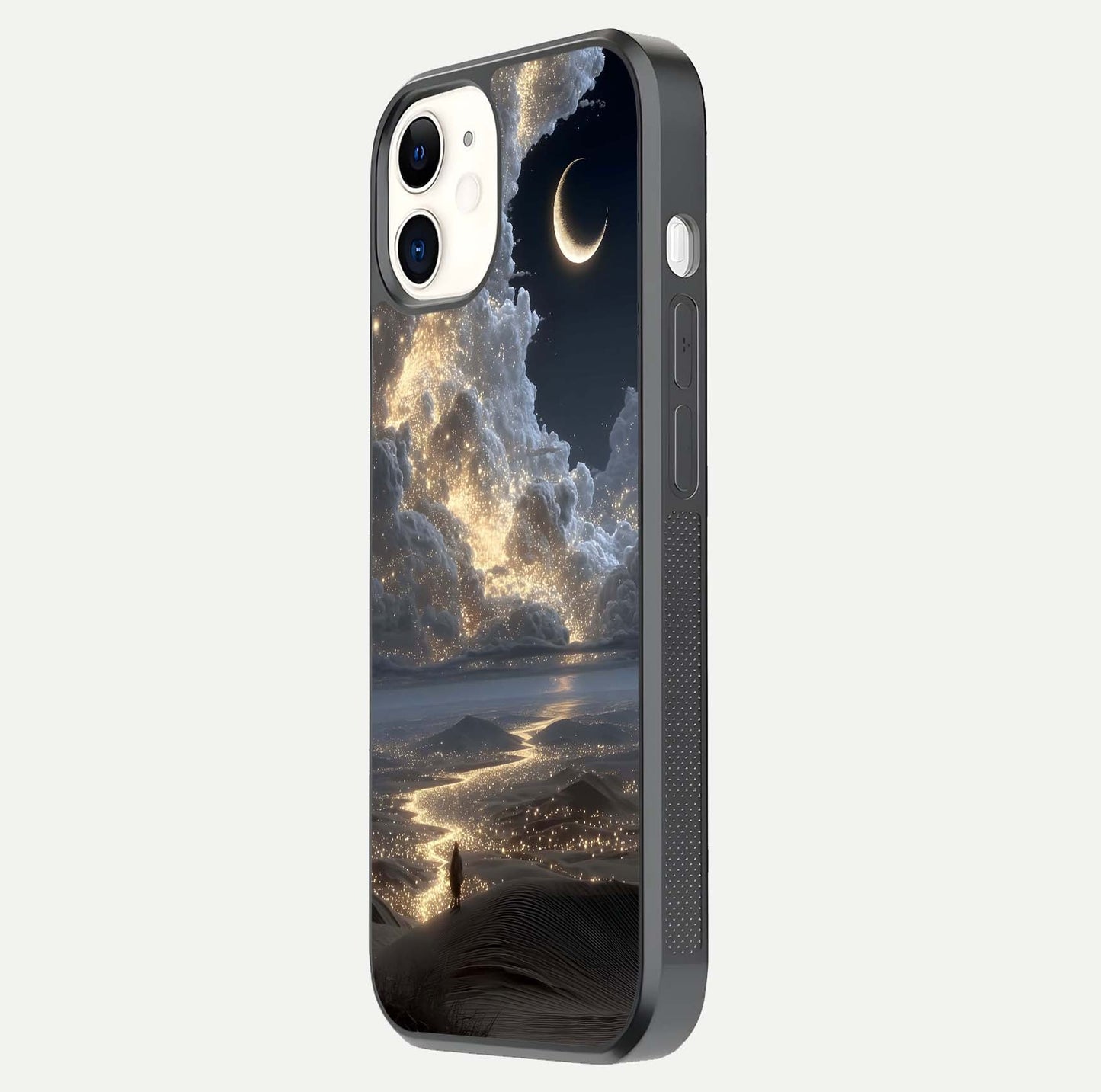 Moonlight Spark Path Glass Case for iPhone 12 Mini side-angle image showing reflection and moonlit detail