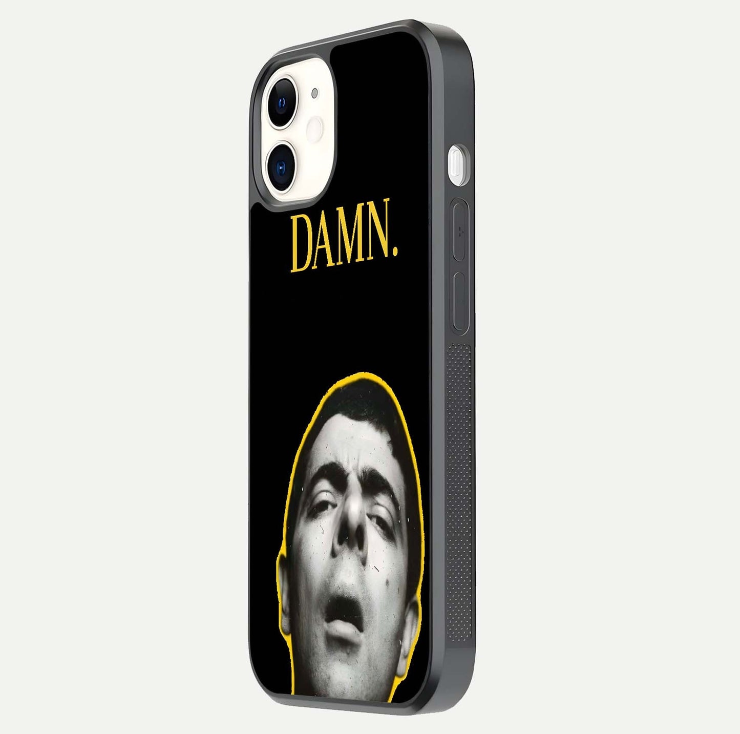 Mr Bean Damn Glass Case for iPhone 12 Mini side-angle image emphasizing HD print clarity and playful theme