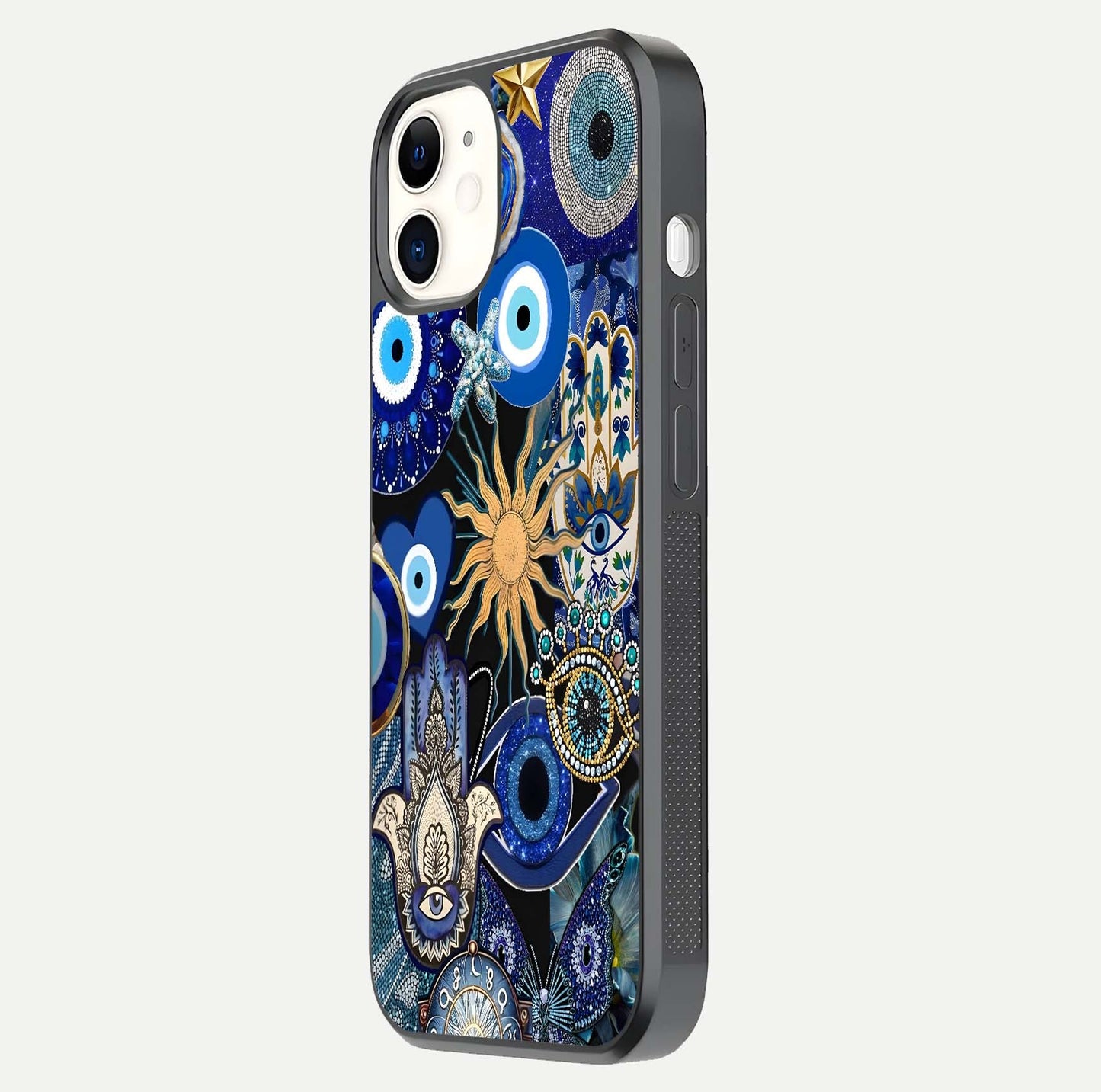Mystic Blue Evil Eye Glass Case for iPhone 12 Mini side-angle image showing smooth gloss and charm design