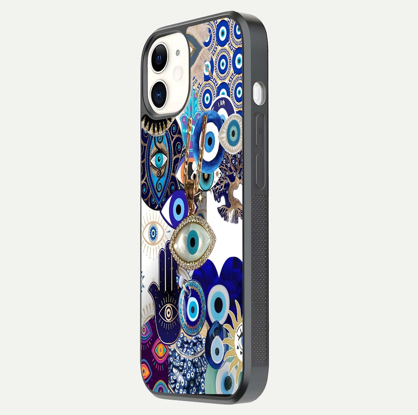 Mystic Charm Eye Glass Case for iPhone 12 Mini side-angle image showing HD reflection and sacred tone