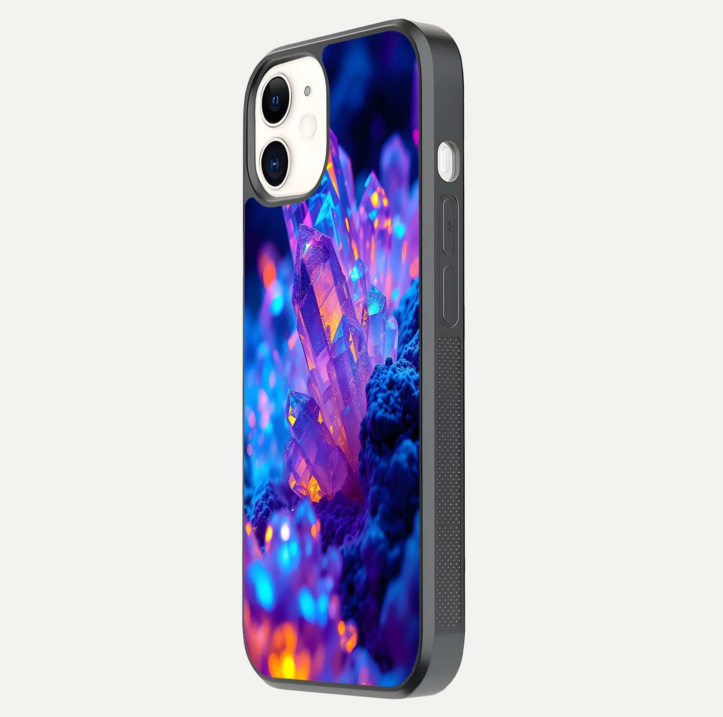 Neon Aura Shards Glass Case for iPhone 12 Mini side-angle image showing light depth and glossy contrast