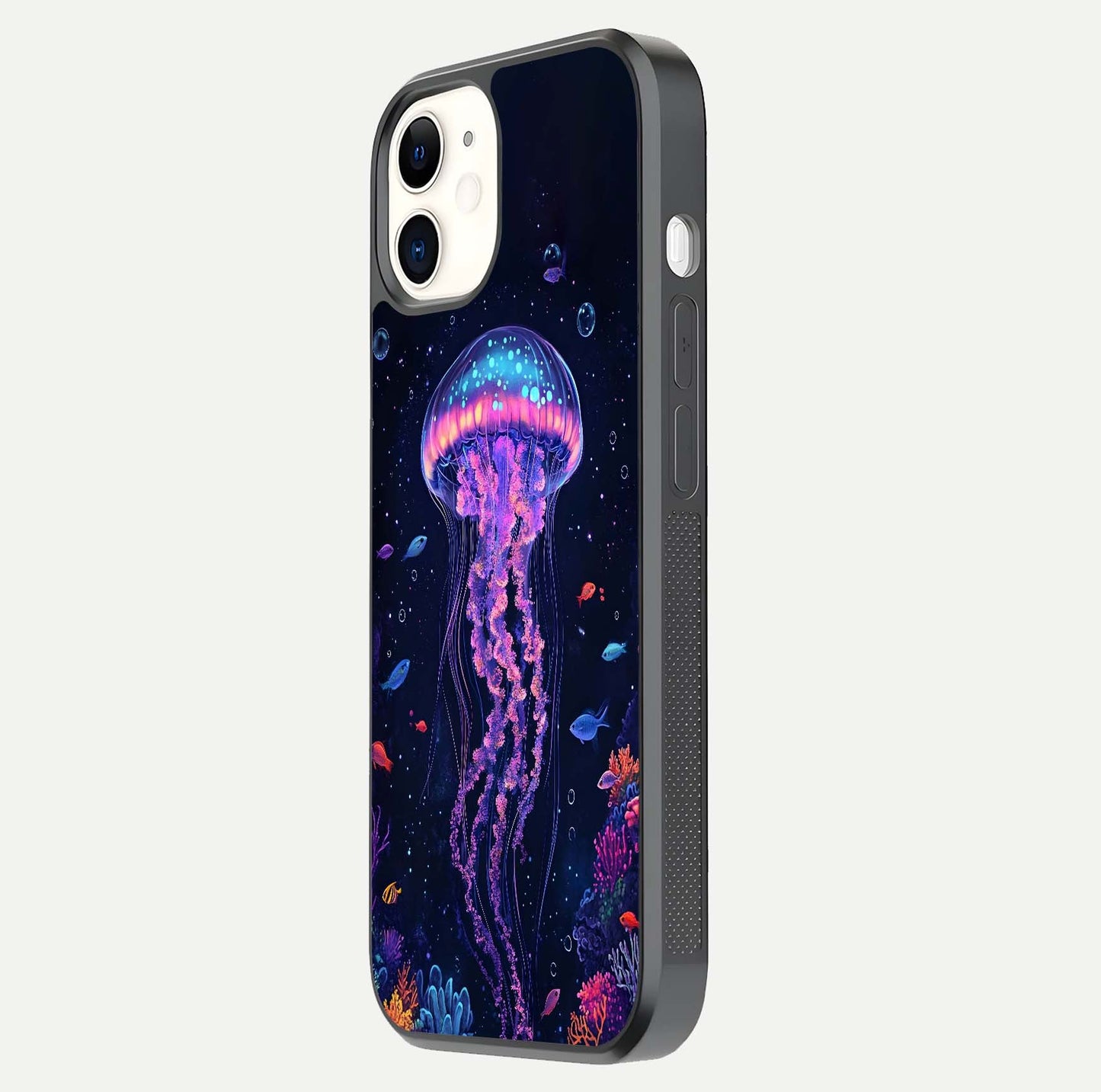 Neon Jellyfish Glass Case for iPhone 12 Mini side-angle image showing reflection and oceanic light detailing