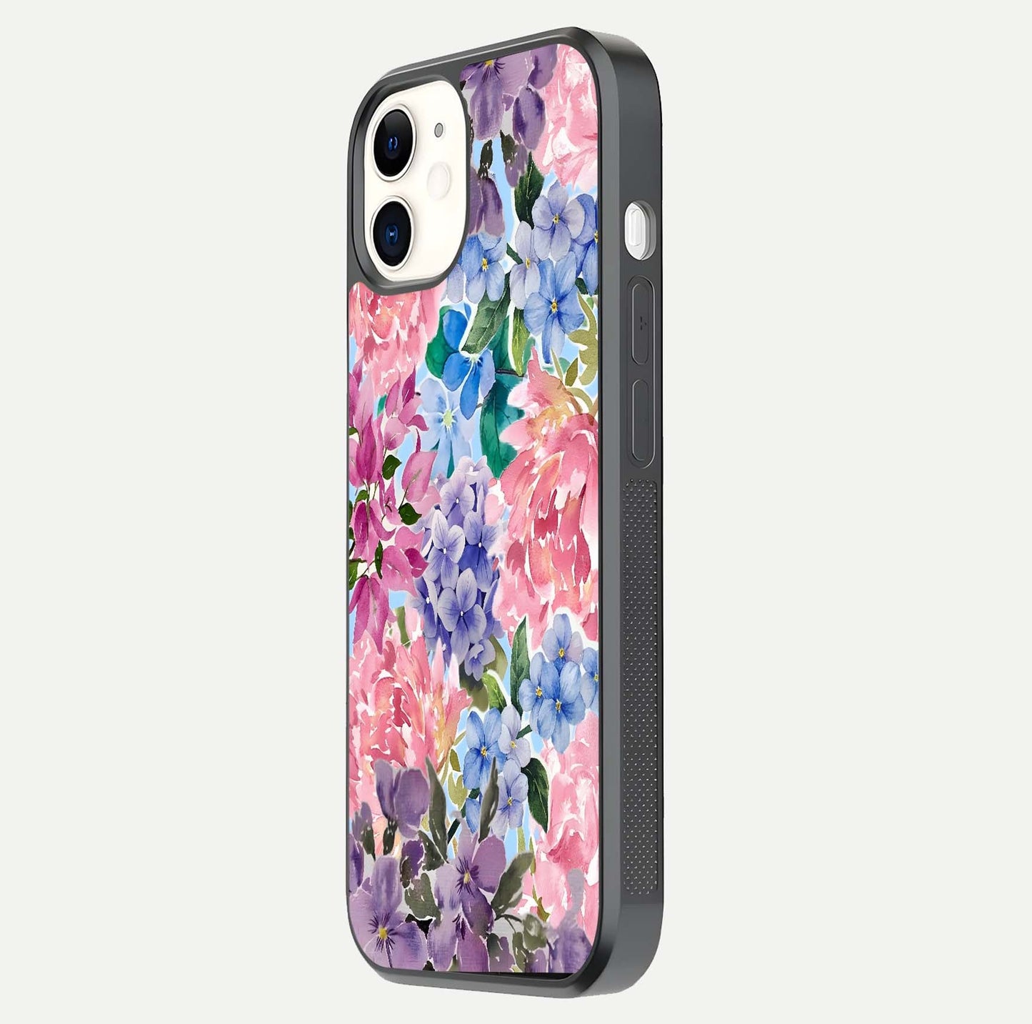 Pastel Floral Mix Glass Case for iPhone 12 Mini side-angle image showing reflection and delicate pastel hues