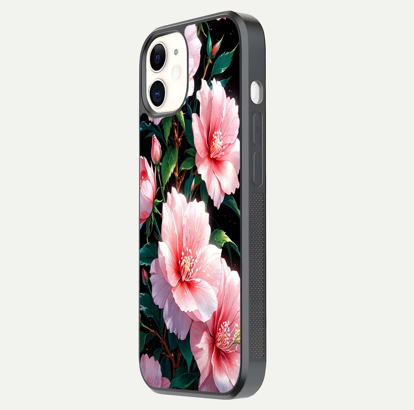 Peach Flower Glass Case for iPhone 12 Mini side-angle image showing gloss depth and peach blossom detail