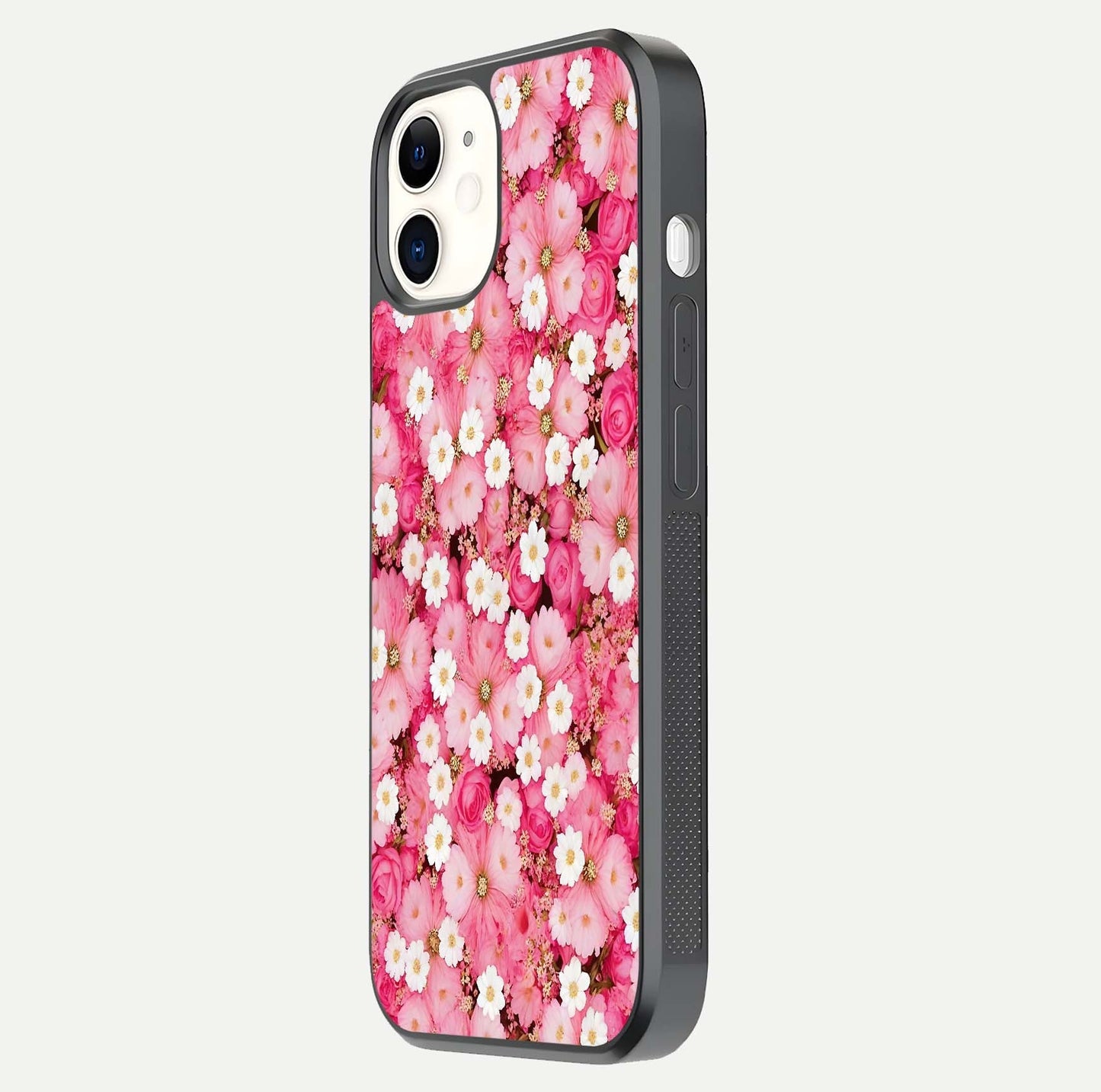Pink Daisy Bliss Glass Case for iPhone 12 Mini side-angle image showing delicate daisy pattern and glass reflection