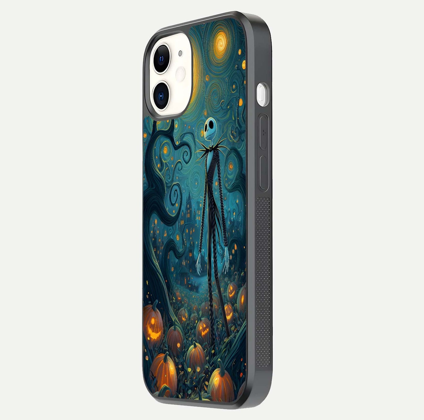 Pumpkin Moonlight Tale Glass Case for iPhone 12 Mini side-angle image showing glow texture and Halloween vibe