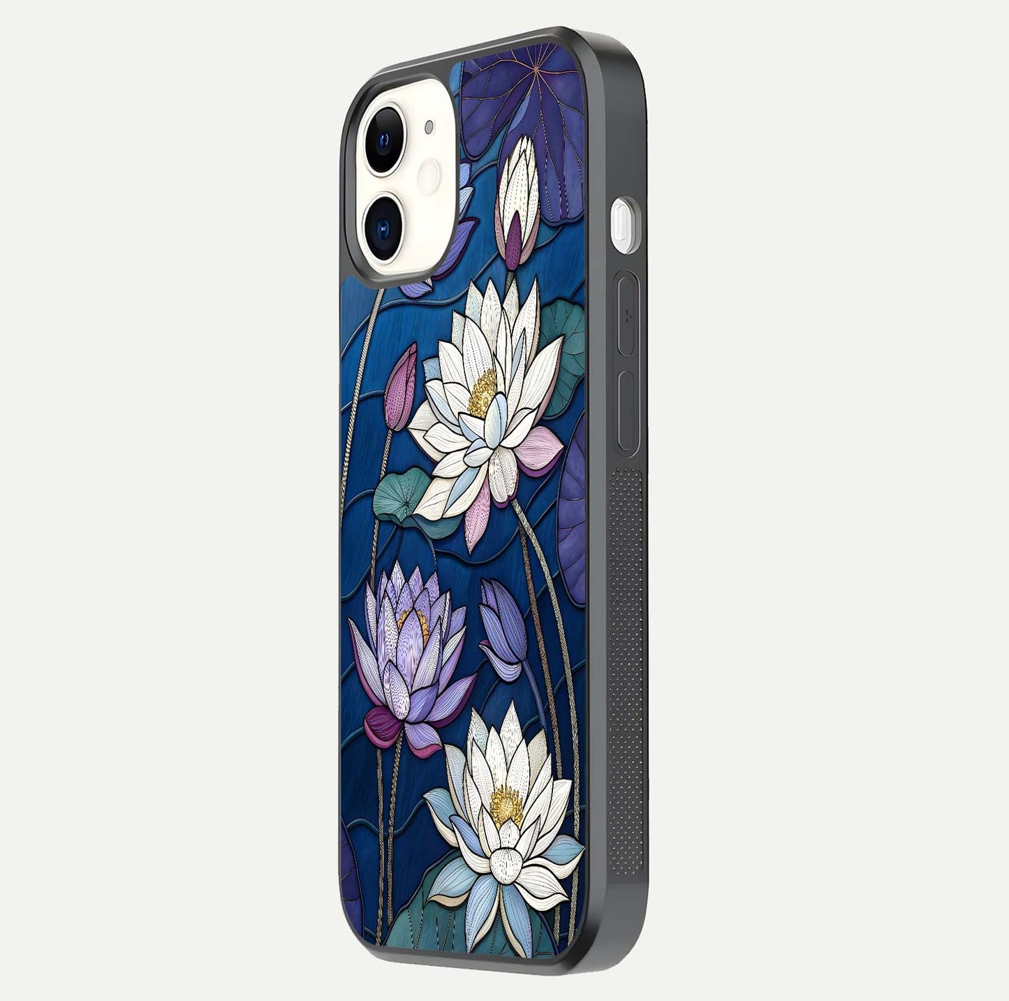 Purple Lotus Stained Glass Case for iPhone 12 Mini side-angle image showing gloss, reflection, and intricate detailing