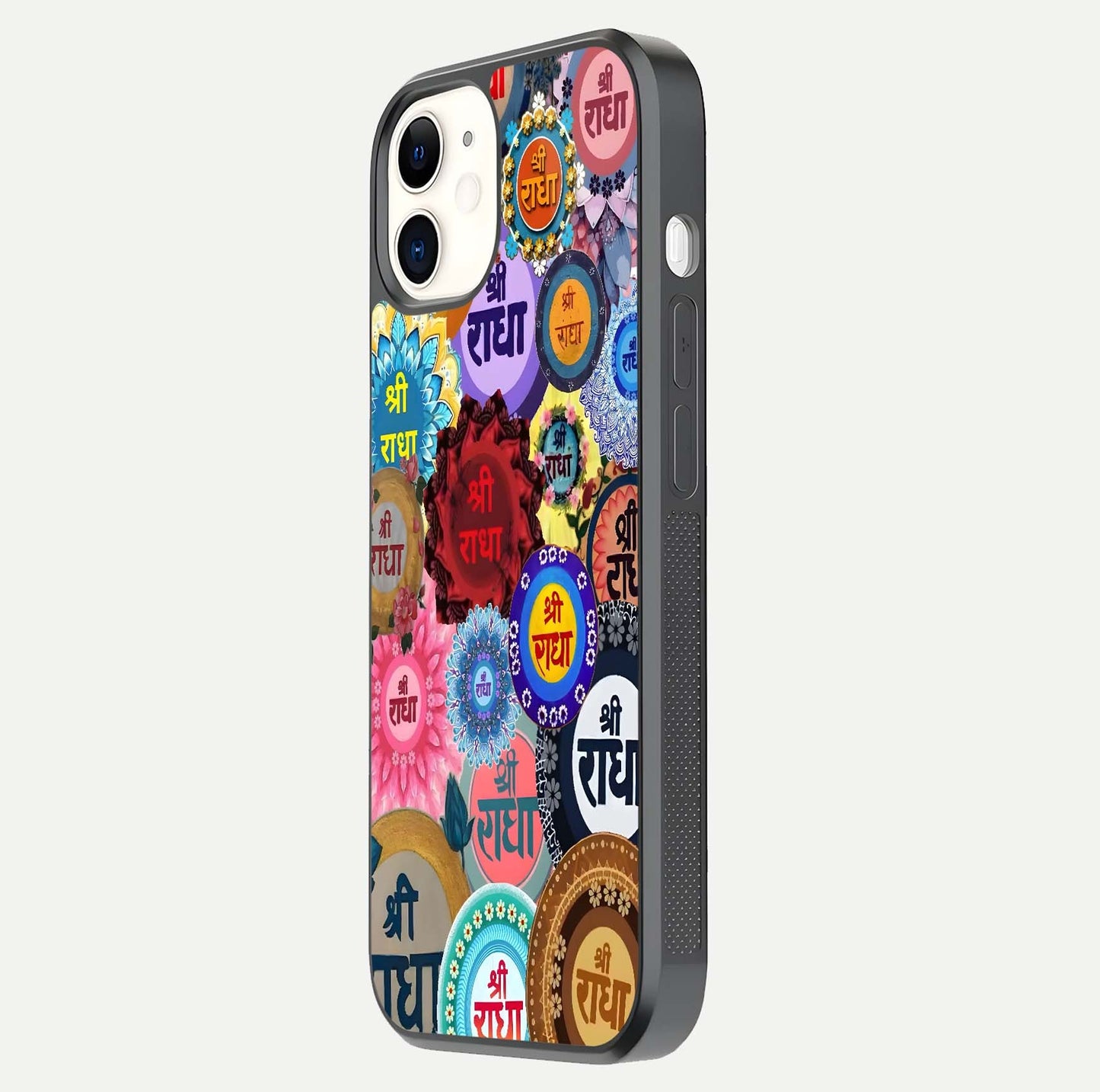 Radha Divine Bloom Glass Case for iPhone 12 Mini side-angle image showing shine, reflection, and floral motif