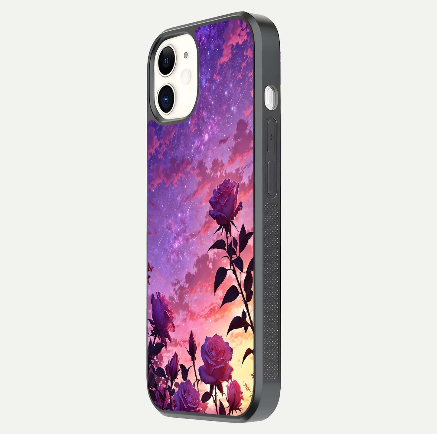 Starlit Rose Twilight Glass Case for iPhone 12 Mini side-angle image showing reflection and petal contrast