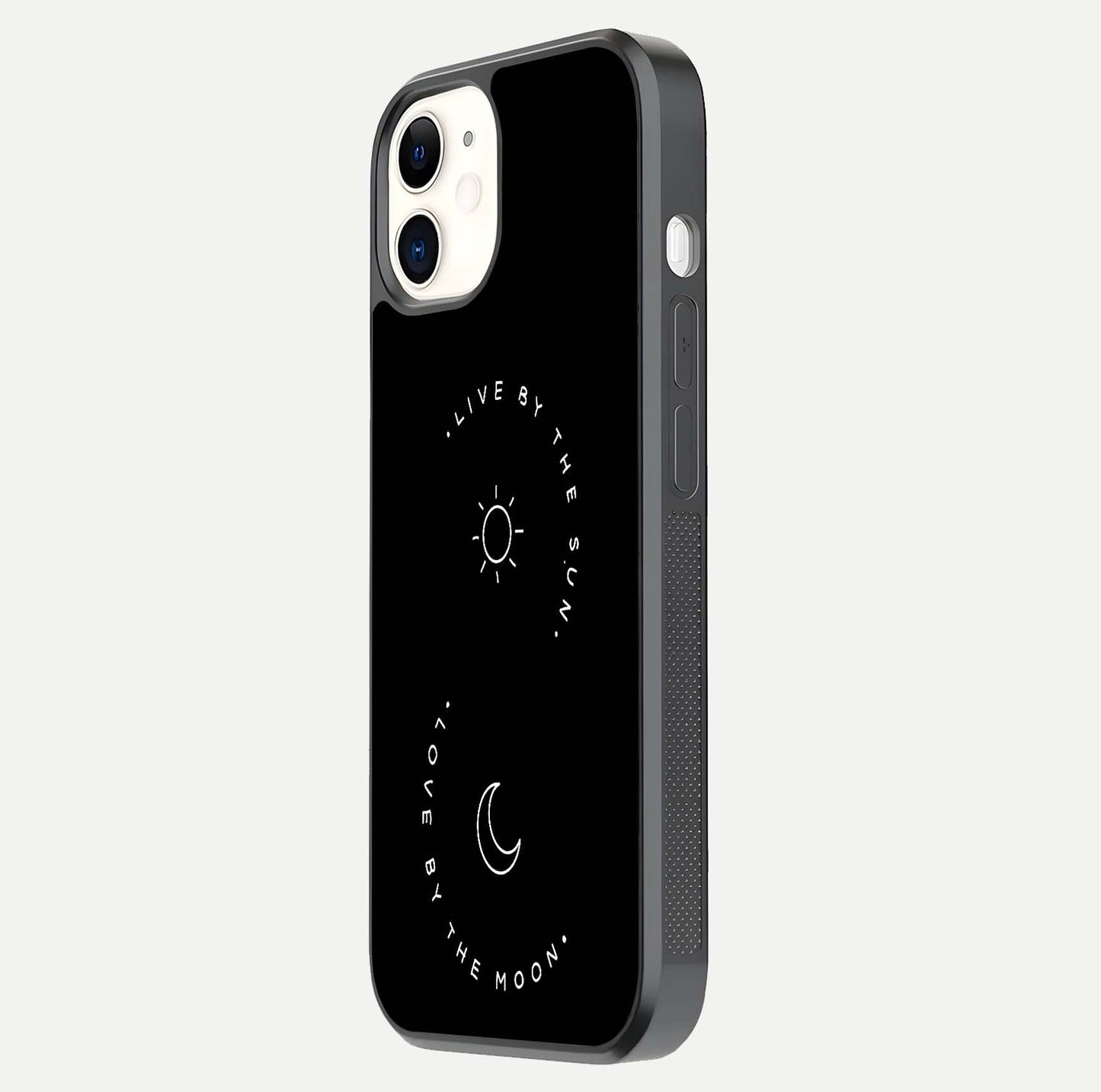 Sun Moon Balance Glass Case for iPhone 12 Mini side-angle image showing reflection and celestial detailing