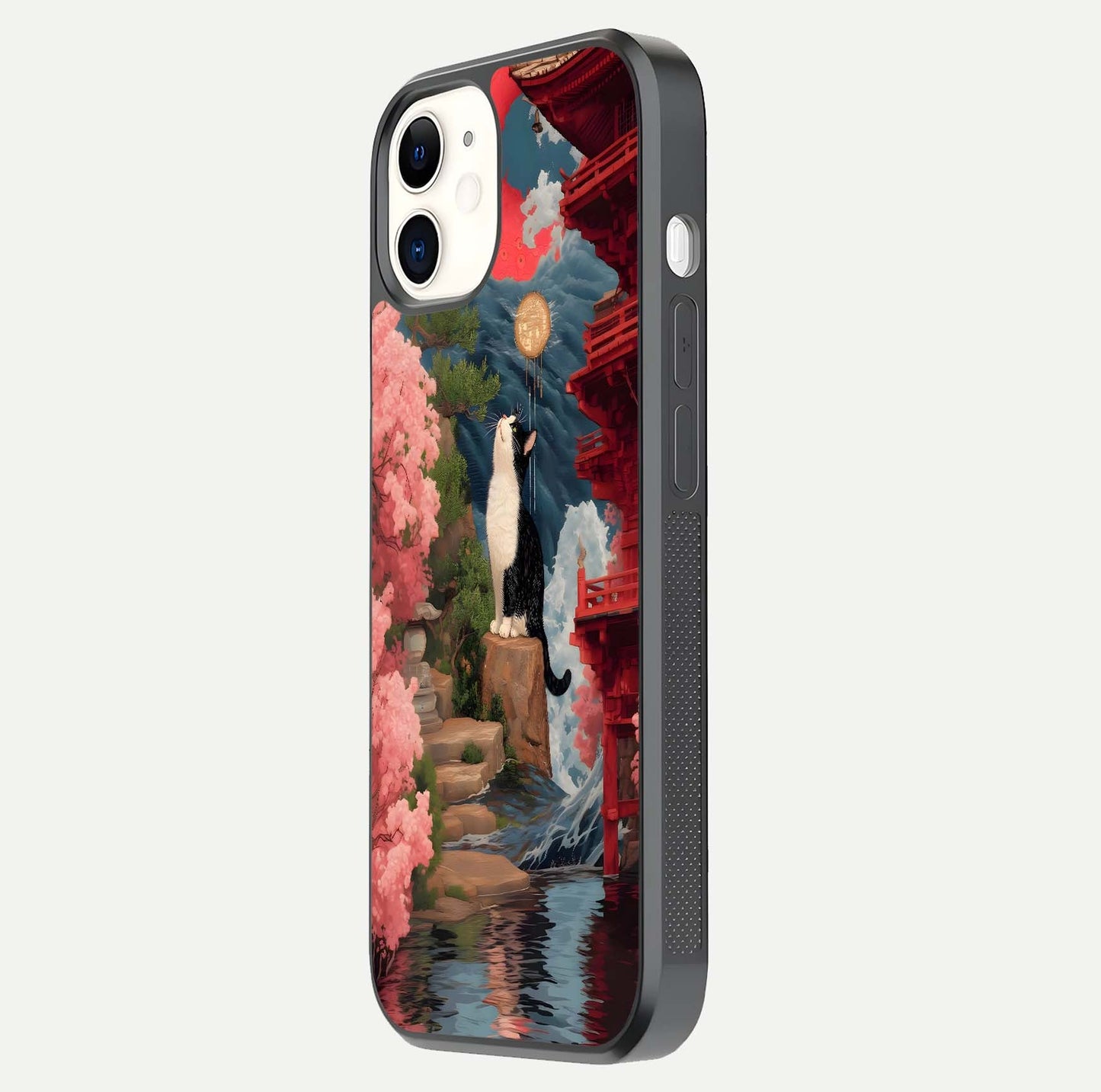 Temple Cat Scenery Glass Case for iPhone 12 Mini side-angle image showing shine and printed temple pattern