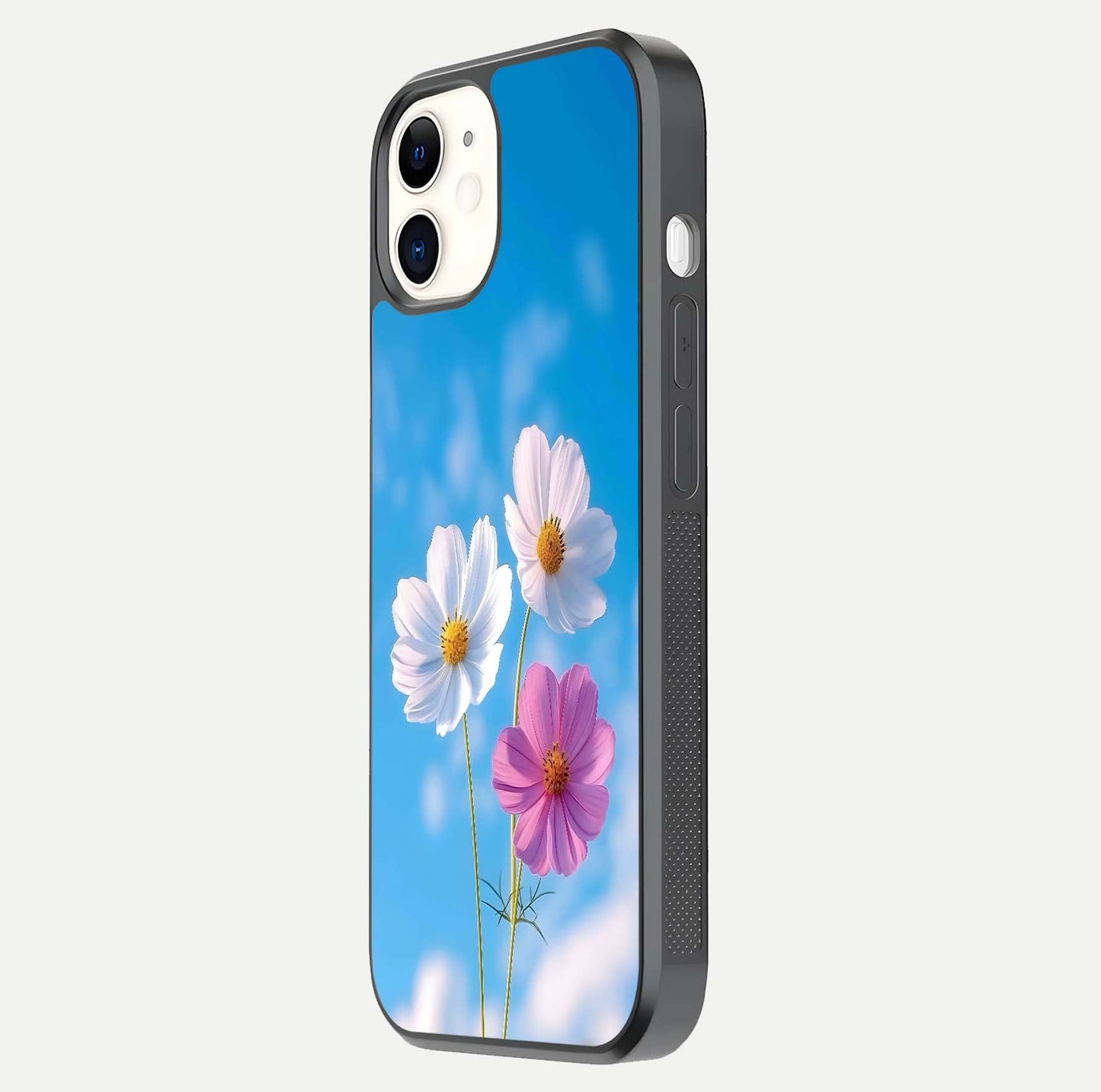Triple Flowers With Sky Glass Case for iPhone 12 Mini side-angle image showing gloss, texture, and floral design