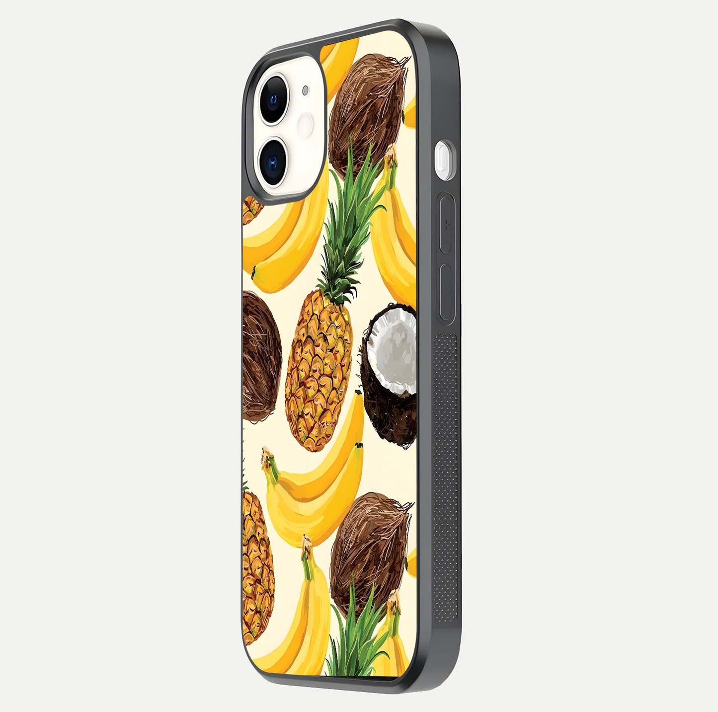Tropical Fruit Mood Glass Case for iPhone 12 Mini side-angle image showing reflection, gloss, and fruit details