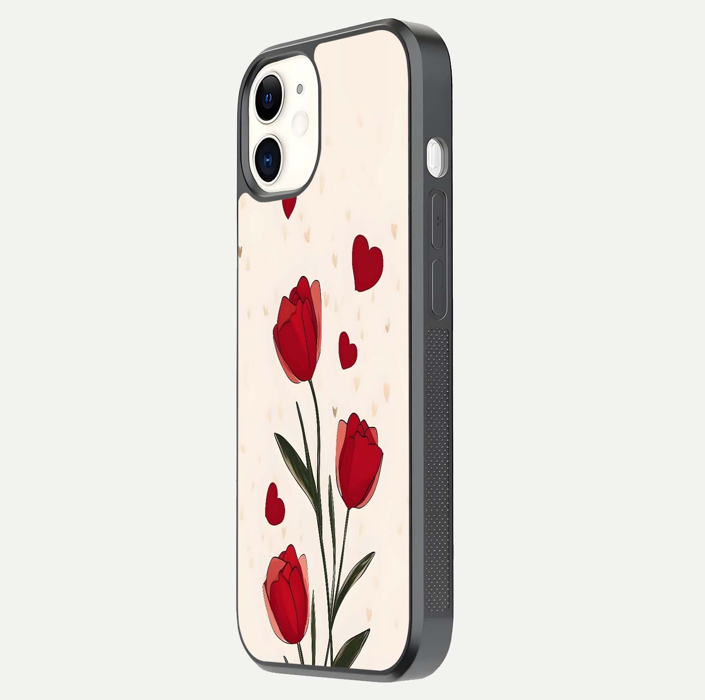 Tulip With Heart Glass Case for iPhone 12 Mini side-angle image showing floral reflection and subtle gradient