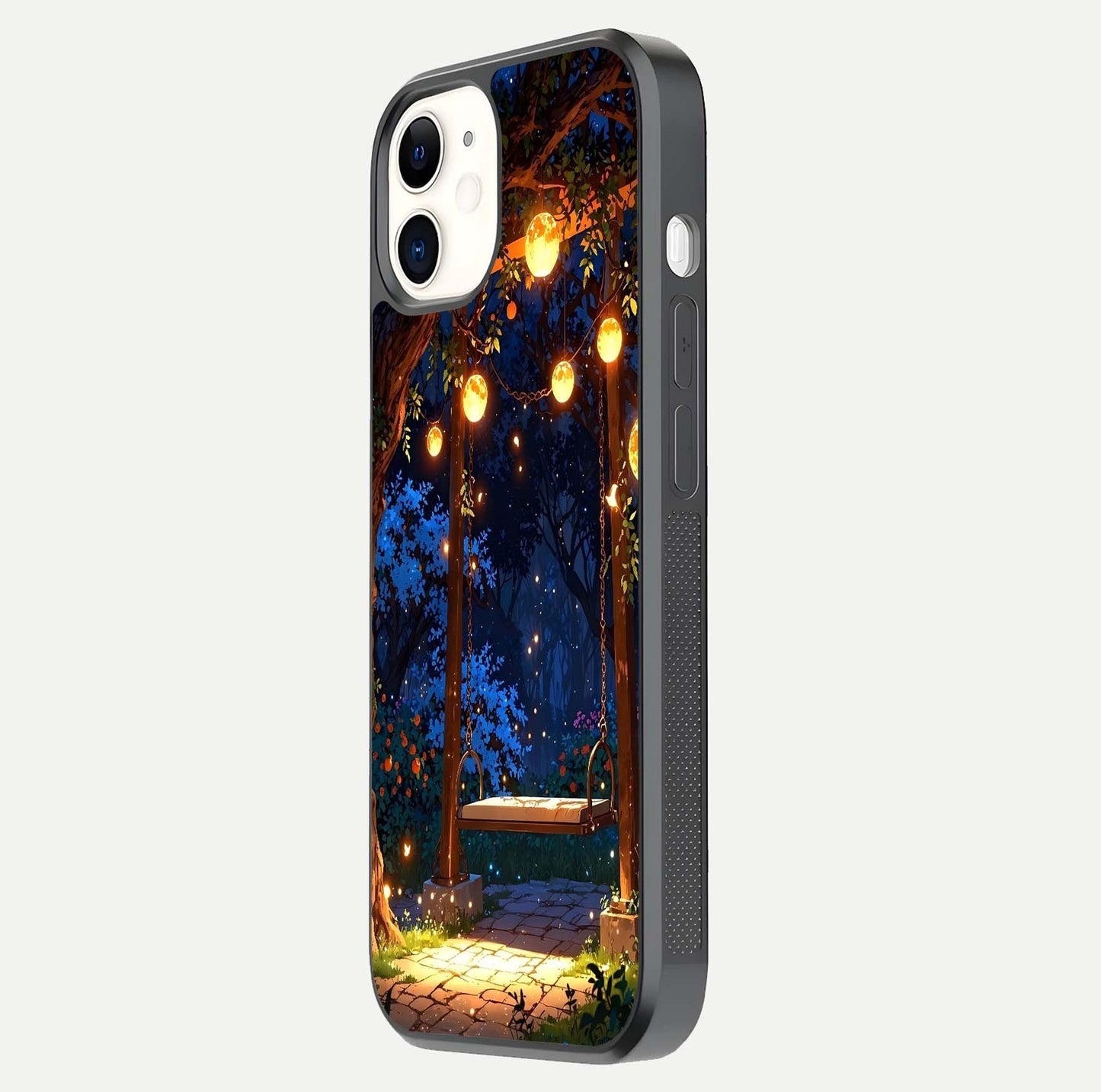 Twilight Garden Swing Glass Case for iPhone 12 Mini side-angle image showing reflection, gloss, and scenic depth