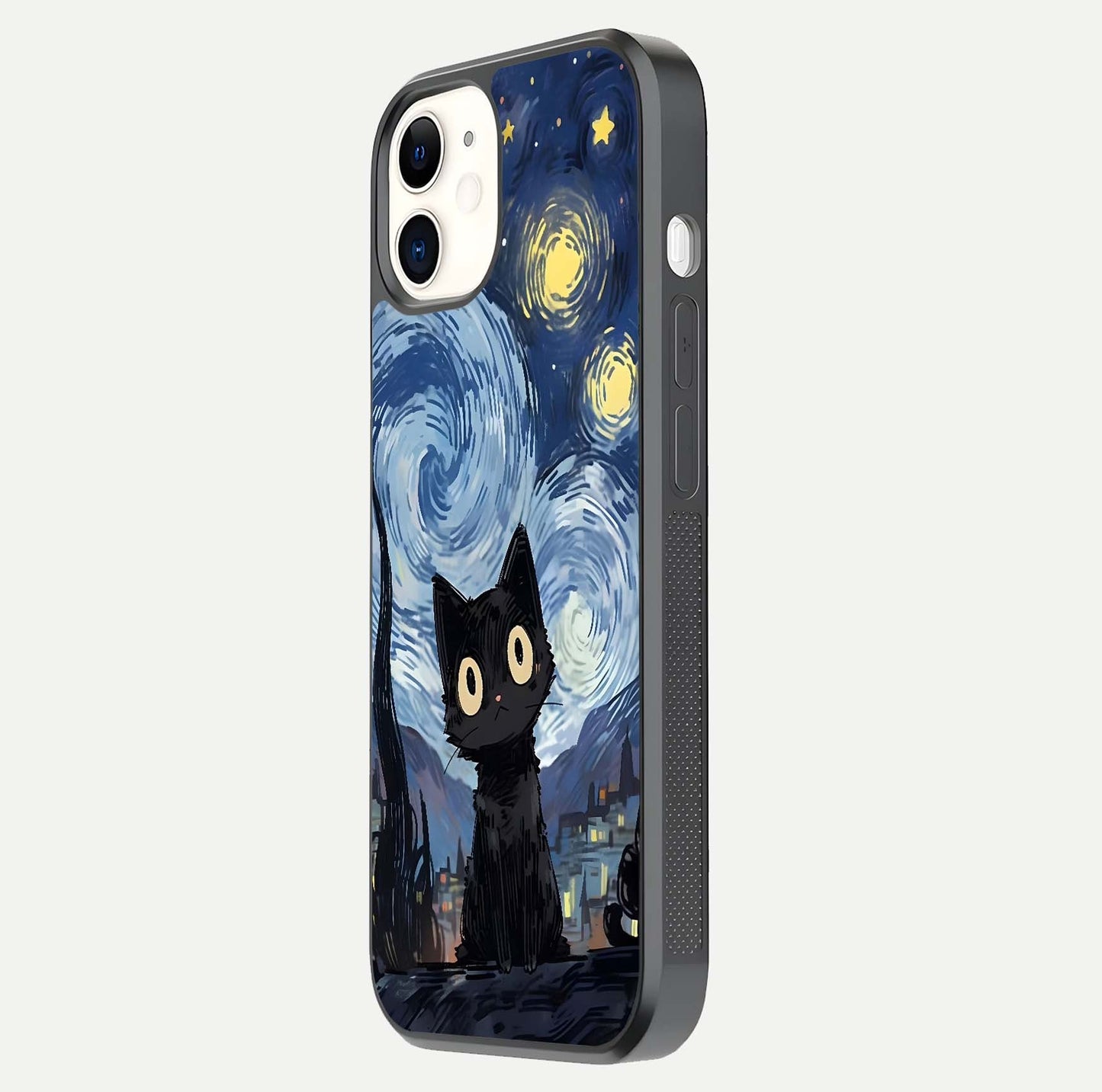 Van Gogh Cat Glass Case for iPhone 12 Mini side-angle image showing light reflection and vivid artwork