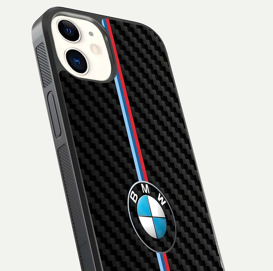 BMW Pattern Glass Case for iPhone 12 Mini close-up angle showing BMW logo detailing and high-reflect gloss texture