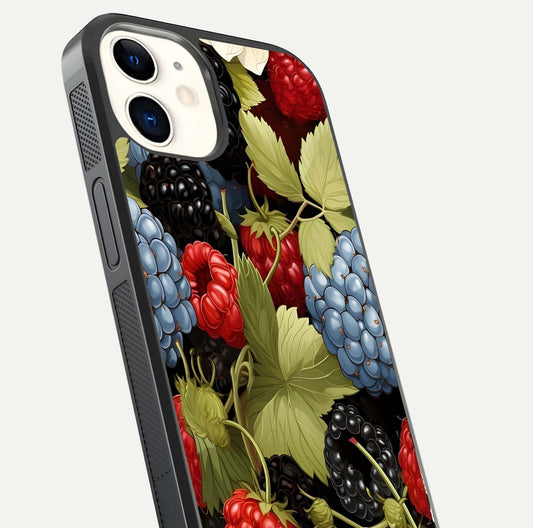 Berry Bloom Charm Glass Case for iPhone 12 Mini close-up view highlighting berry color tones and fine petal detailing