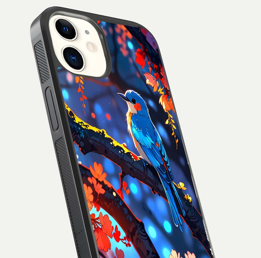 Blooming Spendor Bird Glass Case for iPhone 12 Mini close-up shot highlighting bird design details and glossy shine