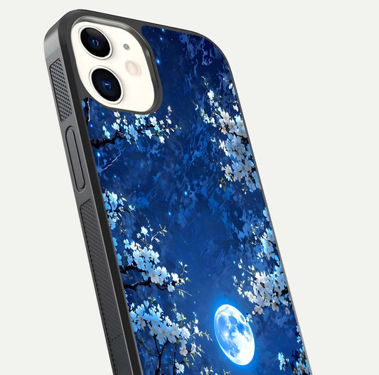 Blossom Moonlight Sky Glass Case for iPhone 12 Mini close-up angle capturing moon glow and flower detail reflections