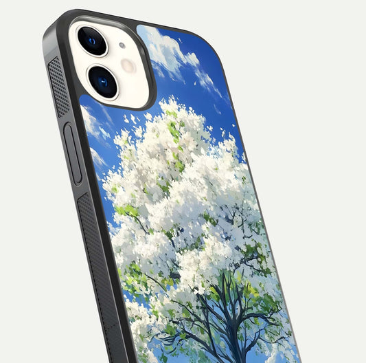 Blossom Sky Serenity Glass Case for iPhone 12 Mini close-up highlighting calming flower details and reflection gloss