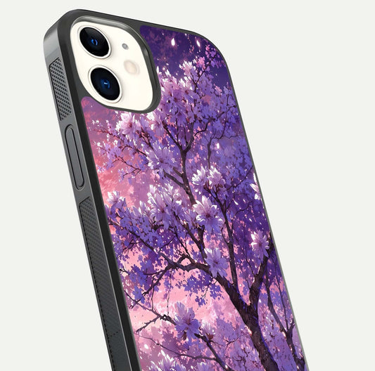 Blossom Tree Glass Case for iPhone 12 Mini close-up image highlighting tree branches, blossoms, and shine