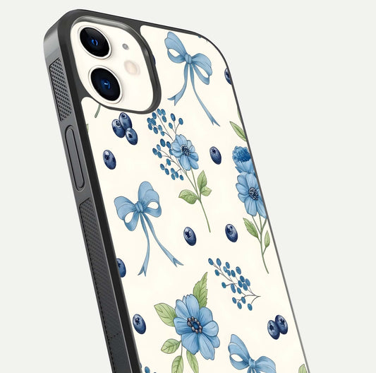 Blue Flower & Bow Glass Case for iPhone 12 Mini close-up shot highlighting ribbon detail and flower gloss finish