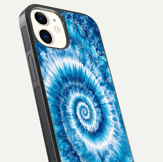 Blue Galaxy Wave Glass Case for iPhone 12 Mini close-up highlighting fluid wave motion and deep-blue reflection