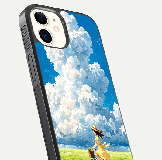 Breezy Meadow Ride Glass Case for iPhone 12 Mini close-up shot showing flowers and breezy motion texture