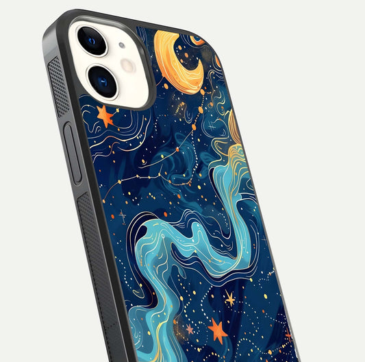 Celestial Dream Flow Glass Case for iPhone 12 Mini close-up highlighting star reflections and smooth glow gradient