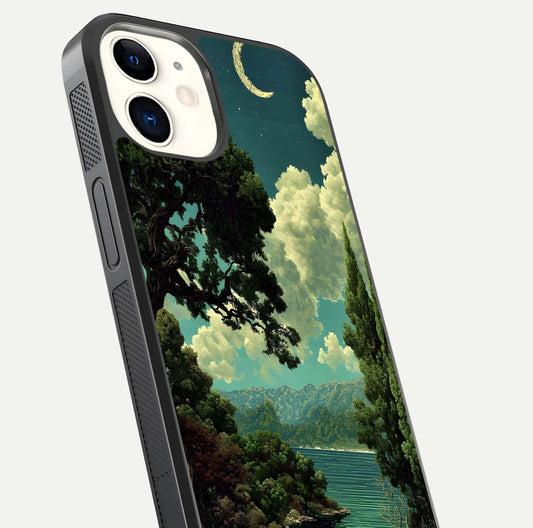 Celestial Lake Peace Glass Case for iPhone 12 Mini close-up highlighting moon reflection and glossy texture