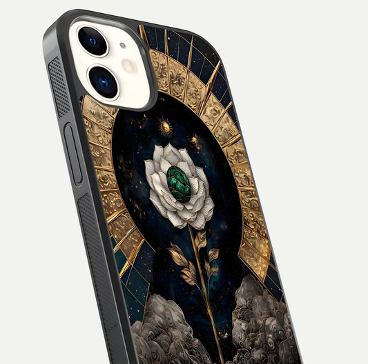 Celestial Lotus Morang Glass Case for iPhone 12 Mini close-up highlighting pink lotus petals and reflection