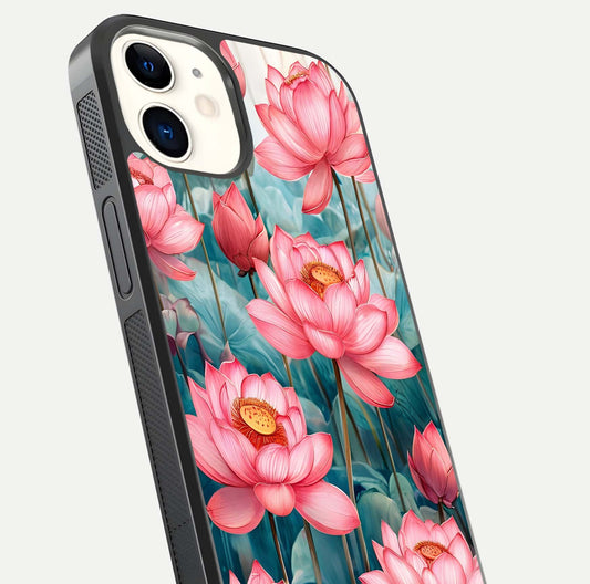 Celestial Pink Lotus Glass Case for iPhone 12 Mini close-up highlighting petal detail and HD glass reflection