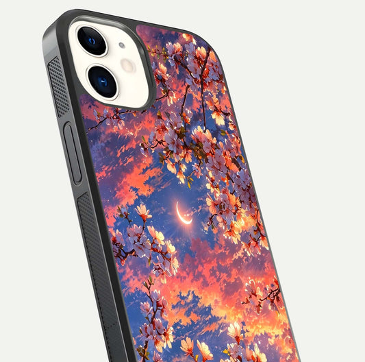 Celestial Sakura Sunset Glass Case for iPhone 12 Mini close-up image highlighting blossom petals and gloss shine