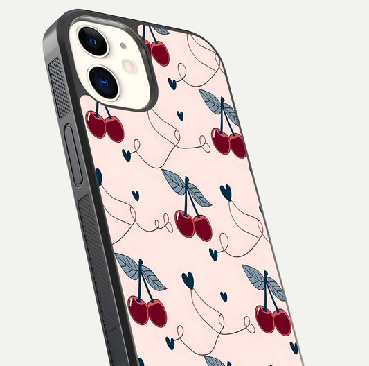Cherry Heart Line Glass Case for iPhone 12 Mini close-up showing heart outline and HD reflection gloss