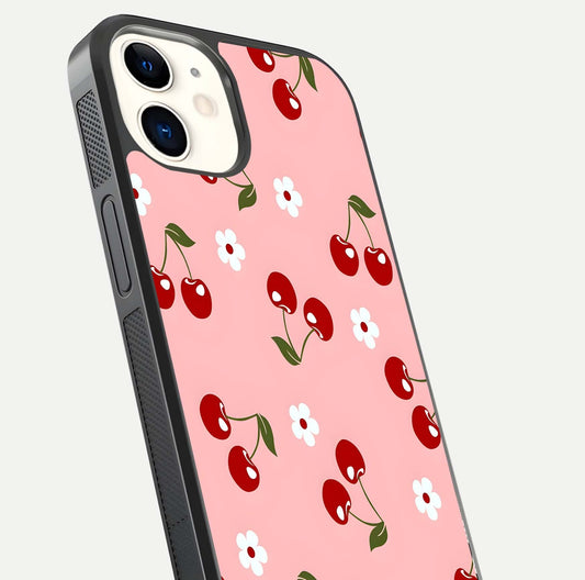 Cherry Love Mood Glass Case for iPhone 12 Mini close-up highlighting cherry heart pattern and reflection shine