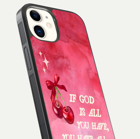 Cherry Quote Glass Case for iPhone 12 Mini close-up showing printed quote detail and HD reflection gloss