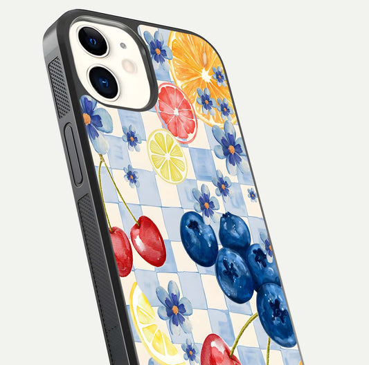 Citrus Bloom Joy Glass Case for iPhone 12 Mini close-up highlighting orange blossoms and reflection detail