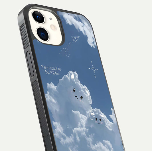 Cloud Bunny Dreams Glass Case for iPhone 12 Mini close-up showing bunny art, dreamy clouds, and HD shine