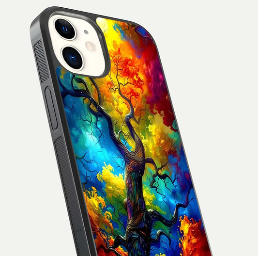 Colorful Tree Glass Case for iPhone 12 Mini close-up highlighting leaf detail, gradient colors, and shine