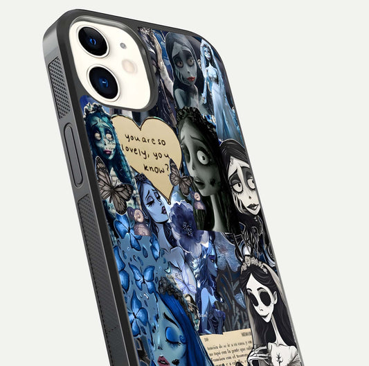Corpse Bride Posters Glass Case for iPhone 12 Mini close-up highlighting detailed artwork and reflection polish