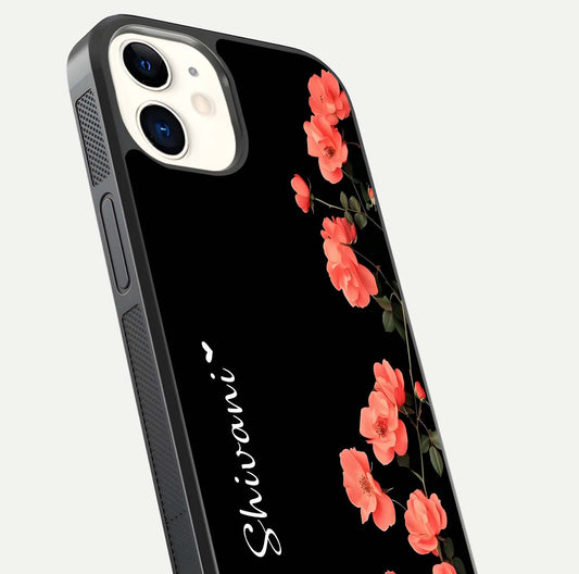 Crimson Bloom Grace Custom Name Glass Case for iPhone 12 Mini close-up highlighting flower pattern and reflection texture
