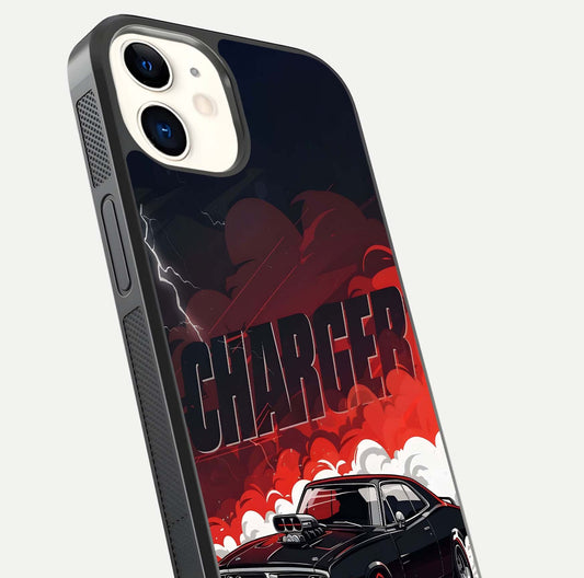 Dark Charger Fury Glass Case for iPhone 12 Mini close-up highlighting car reflection and light gloss