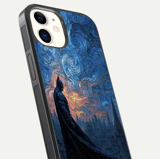 Dark Knight Dusk Glass Case for iPhone 12 Mini close-up highlighting dark suit texture and reflection detail