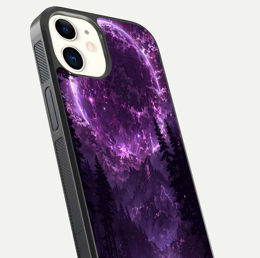 Eternal Cosmic Drive Glass Case for iPhone 12 Mini close-up highlighting cosmic lights and reflection depth