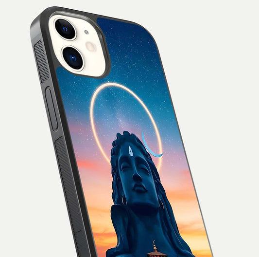 Eternal Shiva Aura Glass Case for iPhone 12 Mini close-up highlighting divine detailing and reflection light