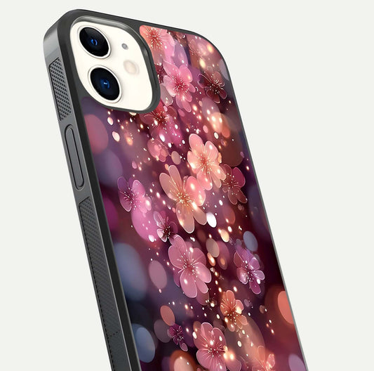 Glowing Petal Bliss Glass Case for iPhone 12 Mini close-up angled shot showing petal glow, color depth, and reflection shine
