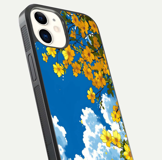 Golden Petal Sky Glass Case for iPhone 12 Mini close-up angled shot showing petal texture and shine reflection